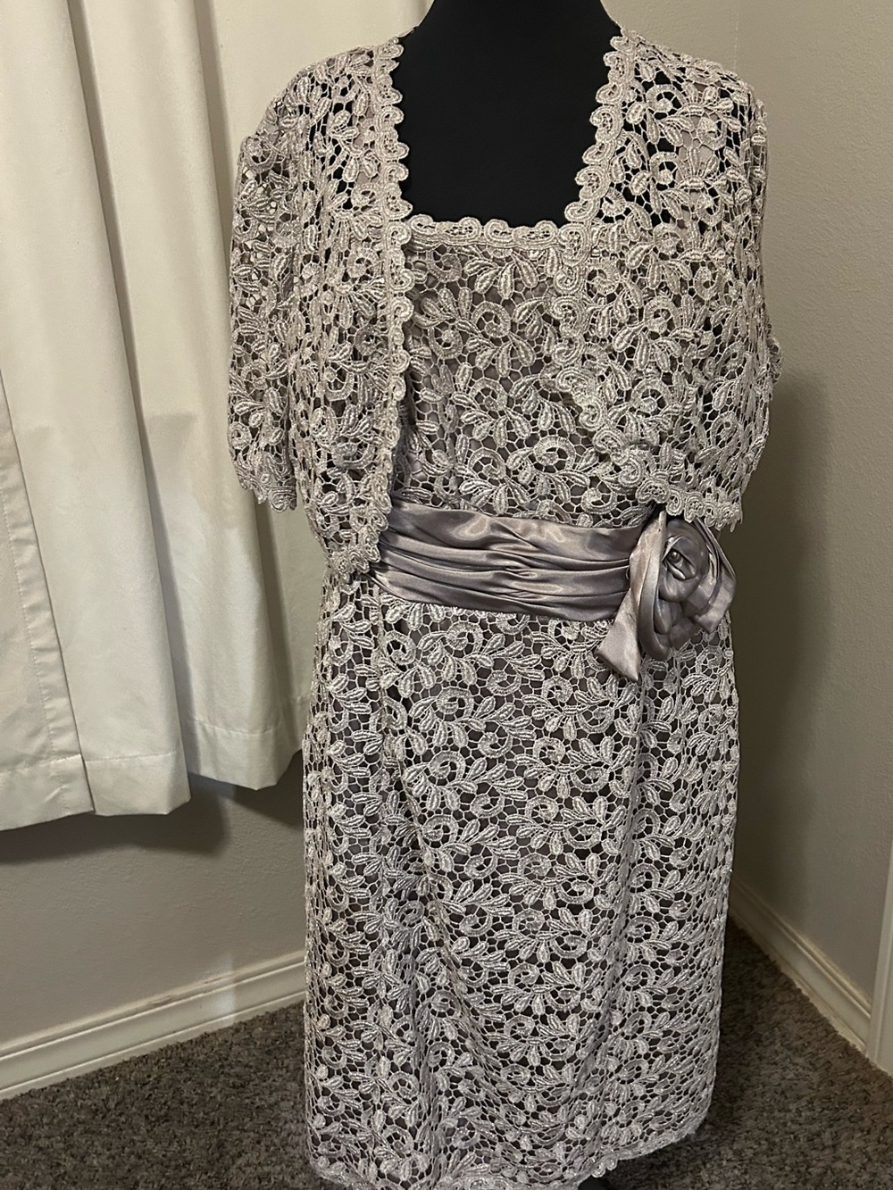 R&M Richards Silver Lace Midi Dress with Satin Rosette Sash